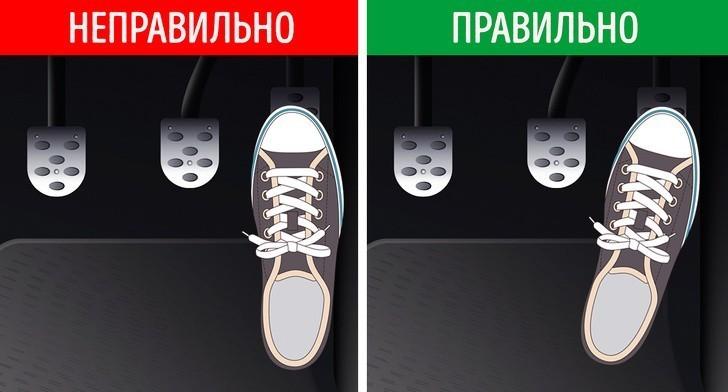 Не отрывайте пятку от пола, чтобы сменить педаль газа на педаль тормоза